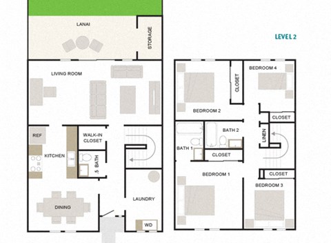 Floor plan for 4 beds, 2.5 baths, 1535 sqft
